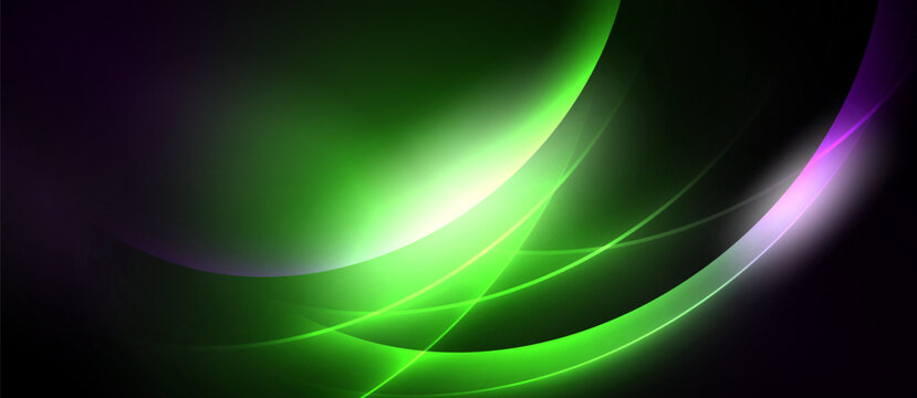 Abstract design features flowing curves, vibrant green hues, purple accents. Dark background emphasizes luminosity, creating dynamic visual effect.