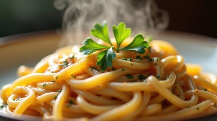 Steaming hot pasta dish garnished with fresh parsley and herbs