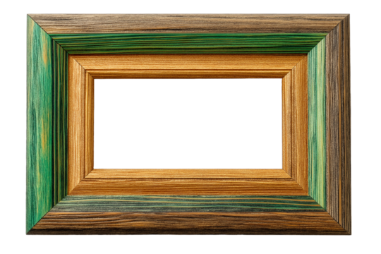 Wooden picture frame in green and gold tones isolated on transparent background, clipping path ready