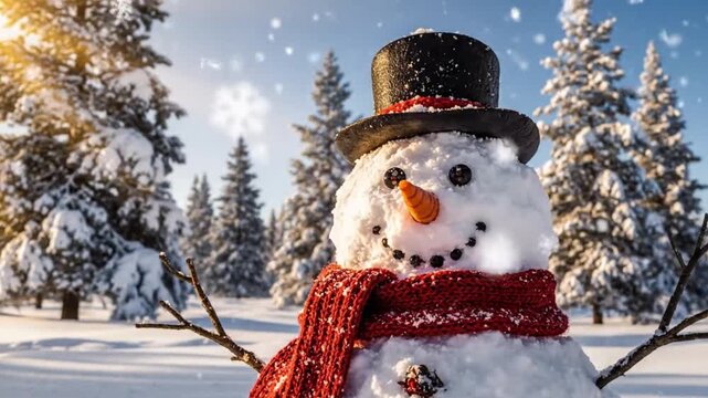 Cute snowman standing in a snowy field, snowflakes falling softly, pine trees behind, blue sky tone.