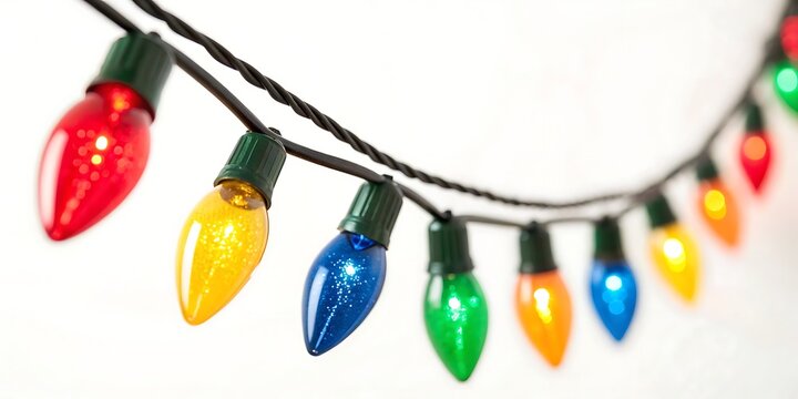Vibrant string of classic christmas lights illuminated with a festive array of red yellow blue green and orange bulbs on a white background