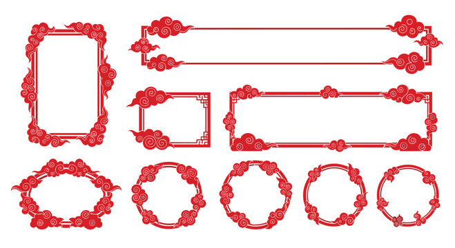 Vibrant red traditional Chinese cloud frames and borders for festive designs and cultural celebrations