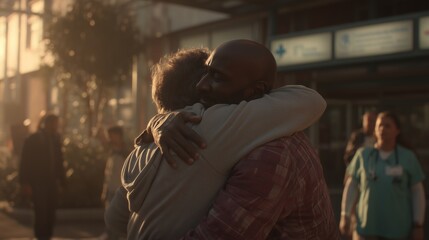 Patient celebrates recovery with joyful hug in front of hospital during golden hour