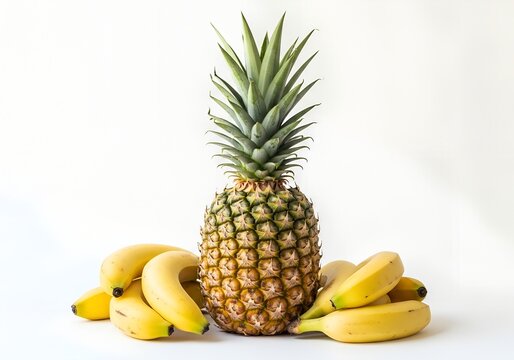 pineapple and bananas on white background