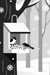 Monochromatic vector illustration of birds at snowy forest feeder. Minimalist winter scene with falling snowflakes and bare trees.