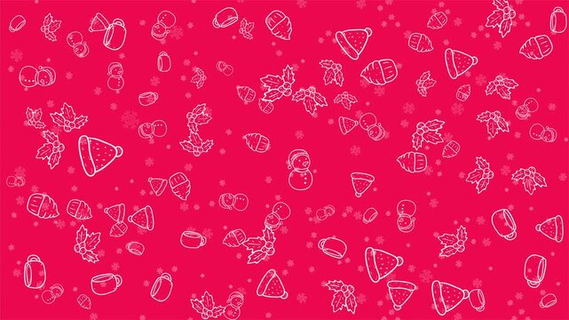 Doodle christmas pattern on 4k animated. Looping animation featured white lineal icon of snowman, christmas hat, leaf wreath on pink background. Winter holiday background or video presentation