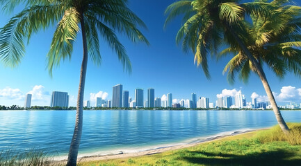 Naklejka premium Palm trees and soft grass frame a calm beach with Miami city skyline across blue water, sunny sky and lush leaves create a fresh tropical scene