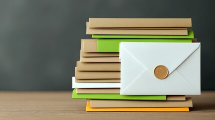 A stack of various colored envelopes, including kraft brown, green, and white, is neatly piled on a wooden surface. A single white envelope, prominently placed