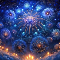 Majestic fireworks bursting in a midnight blue sky creating a magical celebration atmosphere