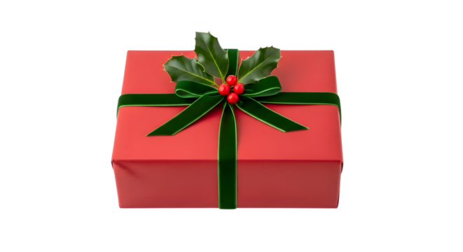 Festive red gift box with green ribbon and holly isolated on transparent background - Powered by Adobe