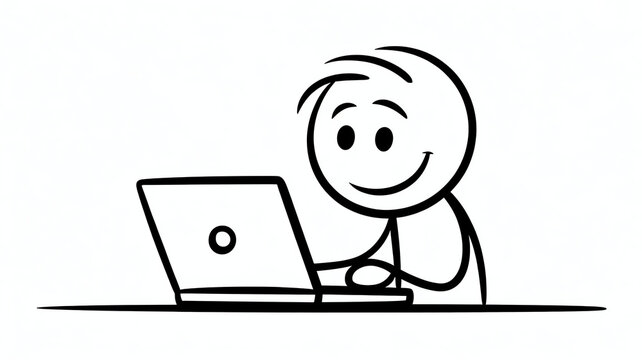 Stick figure person happily working on a laptop computer