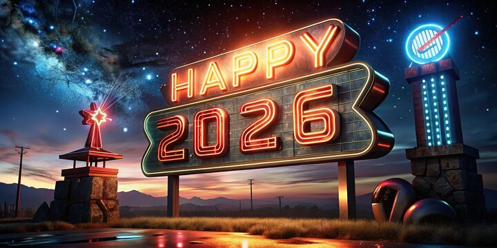 Retro diner neon sign shines bright with a joyful message for the new year in a starlit evening sky