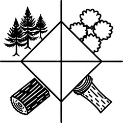 A digitally drawn illustration divided into four quadrants, each showcasing a different stage or representation of wood logs and trees. The top left quadrant features a grove of four detailed, deciduo