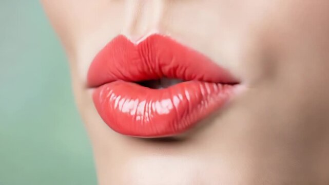 Close up of glossy coral lips pursed for a kiss