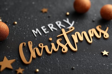 Fototapeta premium Golden festive lettering spelling Merry Christmas on a dark textured background, surrounded by shiny ornaments and decorative stars, creating a joyful holiday atmosphere