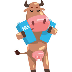 Brown Cow Character Holding Two Blue Milk Cartons with Eyes Closed and Gentle Smile Facing Forward Against a White Background