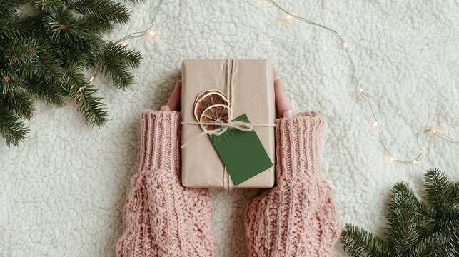 Cozy winter gift wrapped in brown paper with green tag and dried oranges on a soft blanket