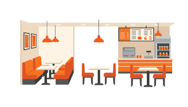 Modern diner interior with orange booths and tables, perfect for quick service restaurant branding and design concepts