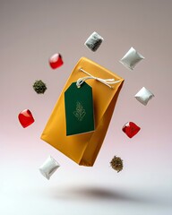 A yellow gift bag with a green tag floats mid-air, surrounded by small decorative items like red gems, dried herbs, and white pouches.