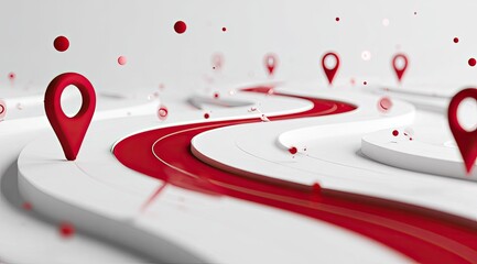 Abstract 3D map with red path and markers