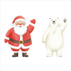 Watercolor Santa Claus with Polar Bear Vector Illustration, Friendly Christmas Character
