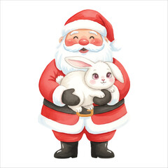 Watercolor Santa Claus with Rabbit Vector Illustration, Cute Christmas Character
