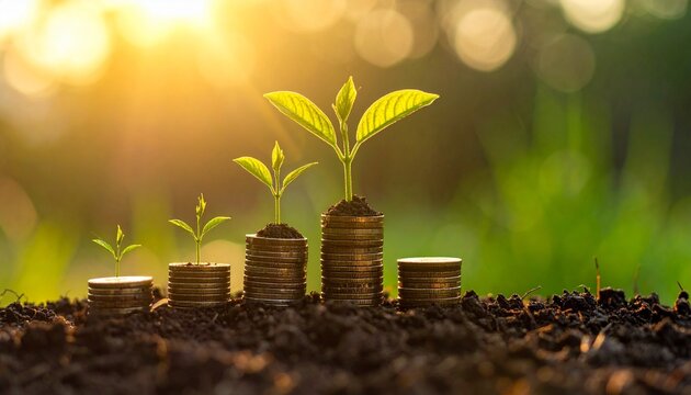 Stacks of coins with green sprouts in soil under warm sunlight, symbolizing financial growth and sustainability