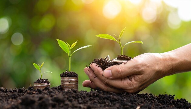 Stacks of coins with green sprouts in soil under warm sunlight, symbolizing financial growth and sustainability - Powered by Adobe