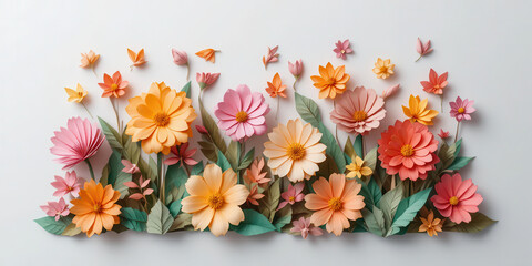 Obraz premium Colorful paper flowers arrangement on light background, handcrafted floral design in pastel tones, creative spring composition for art, decoration and graphic design 