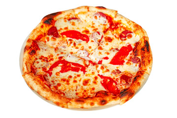 A pizza with pepperoni and cheese on a white plate