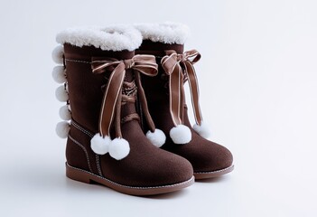 Pair of brown suede winter boots with faux fur trim and decorative bows