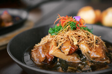 Braised Pork Belly with Chinese Kale and Crispy Fried Shallots