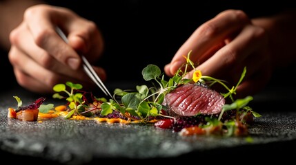 Chef skillfully prepares gourmet dish with fresh ingredients in upscale restaurant kitchen