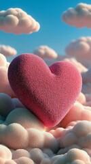 A plush, pink heart rests on a bed of fluffy, pastel-colored clouds under a bright blue sky.
