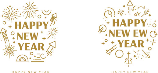 New Year greeting icons, gold celebration illustration set, festive typography visuals, fireworks and confetti design, holiday graphic pack