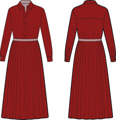 Elegant red button-down pleated dress, long sleeve formal wear, classic tailored fashion, collared waist detail, front and back view illustration