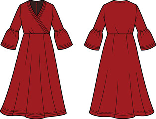 Elegant red long dress, fashion illustration, wrap V-neck gown, flared sleeves, garment design, front and back view, clothing template