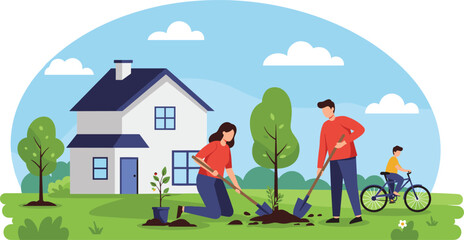 Family gardening in suburban backyard, planting trees together, eco-friendly lifestyle, child biking nearby, outdoor bonding, nature care, spring activity, green home