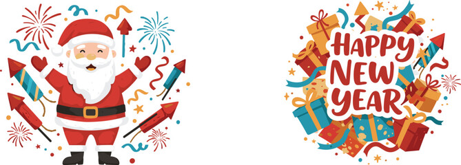 Santa and New Year icons, festive illustration set, gift box and fireworks visuals, holiday celebration design, cheerful seasonal graphics