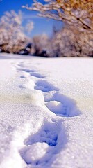 A path of footprints is visible in the fresh, white snow, leading towards a softly blurred background of snow-covered trees under a clear blue sky.