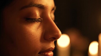 Spiritual moment of a calm woman with closed eyes, her face lit by soft, warm candlelight in the darkness
