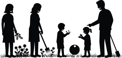 Family gardening silhouette, outdoor activity illustration, children playing in park, teamwork in nature, shovel and flowers, community garden scene, black vector