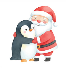 Watercolor Santa Claus with Penguin Vector Illustration, Cute Arctic Christmas Character

