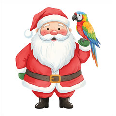 Watercolor Santa Claus with Parrot Vector Illustration, Tropical Christmas Character
