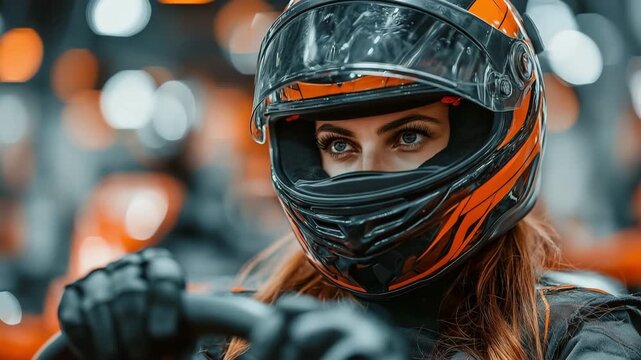 In preparation for the race in an indoor track, a female racer sits in a go kart, puts on her safety helmet, and grabs the steering wheel.