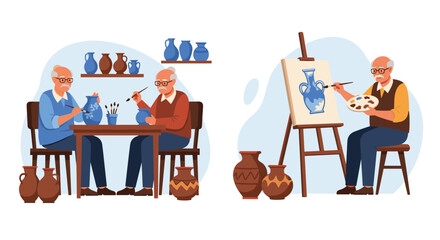 Elderly artists find joy and fulfillment creating beautiful pottery and paintings in a serene studio setting