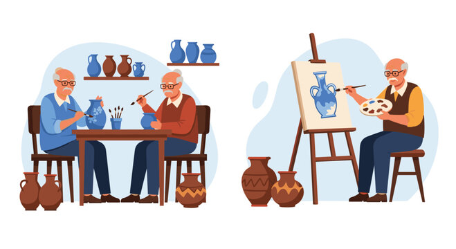 Elderly artists find joy and fulfillment creating beautiful pottery and paintings in a serene studio setting
