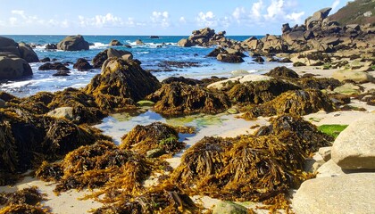 Coastal scene shows golden seaweed-covered rocks on sandy shore, blue ocean, sky with clouds, and distant rock formations