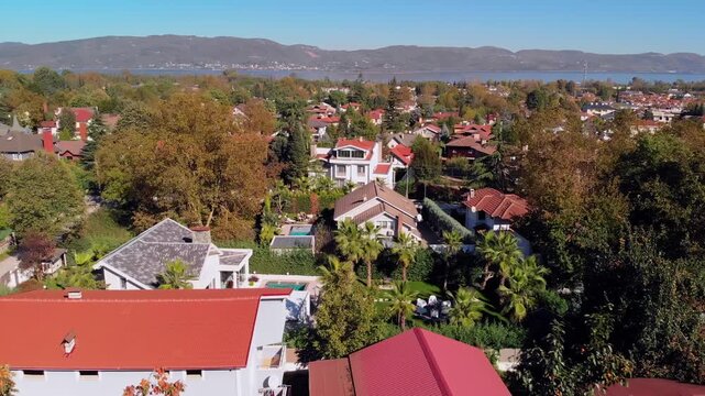 Aerial Drone View of Pool Villas in Kirkpinar Sapanca with Lake View, Turkey