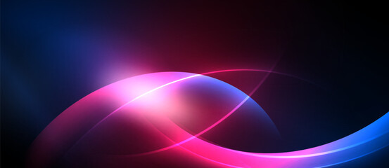 Abstract design features flowing curves, vibrant pinks, blues. Light radiates from central intersection, creating dynamic visual effect.